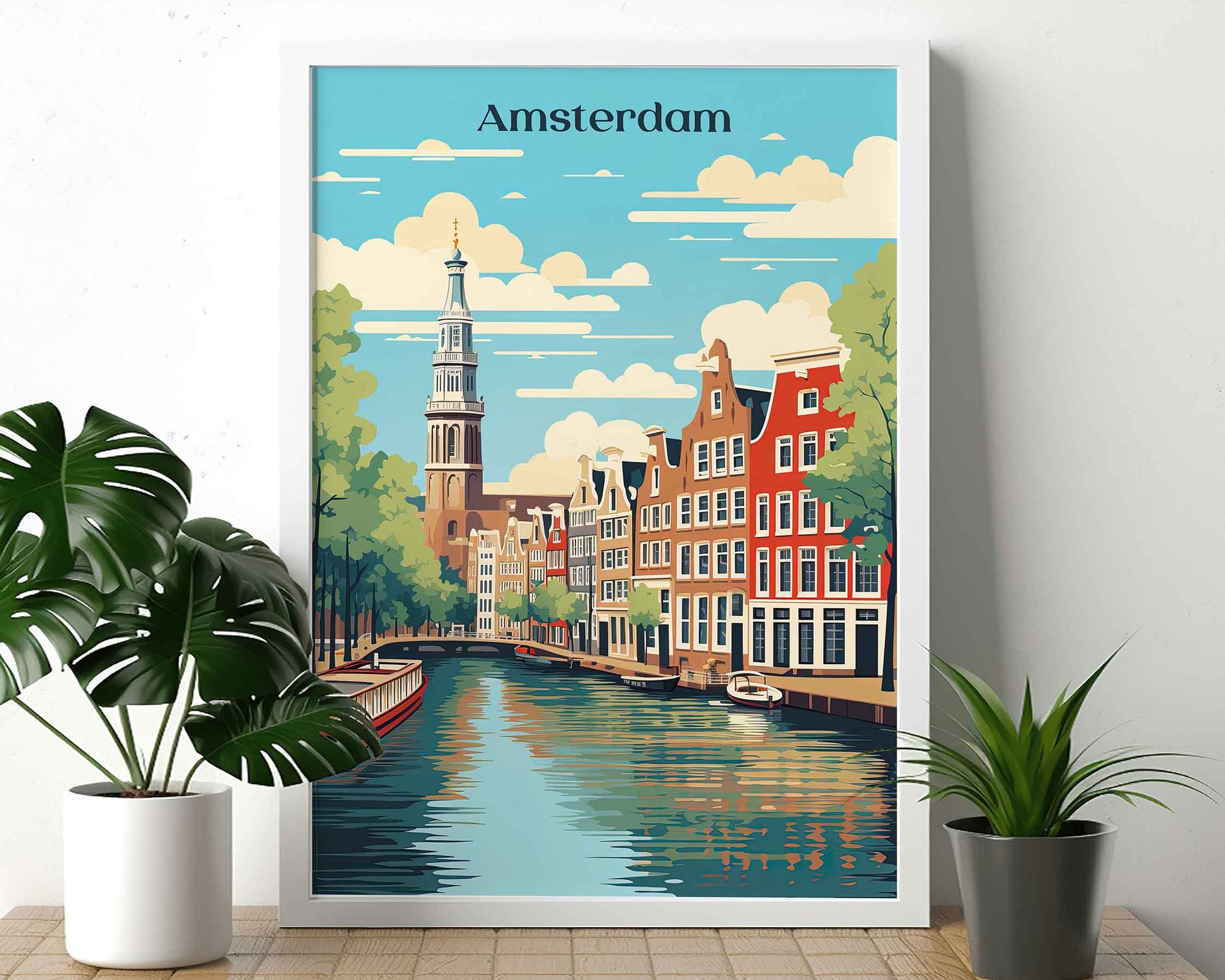 Framed Image of Amsterdam Travel Print Wall Art Poster Holland Illustration