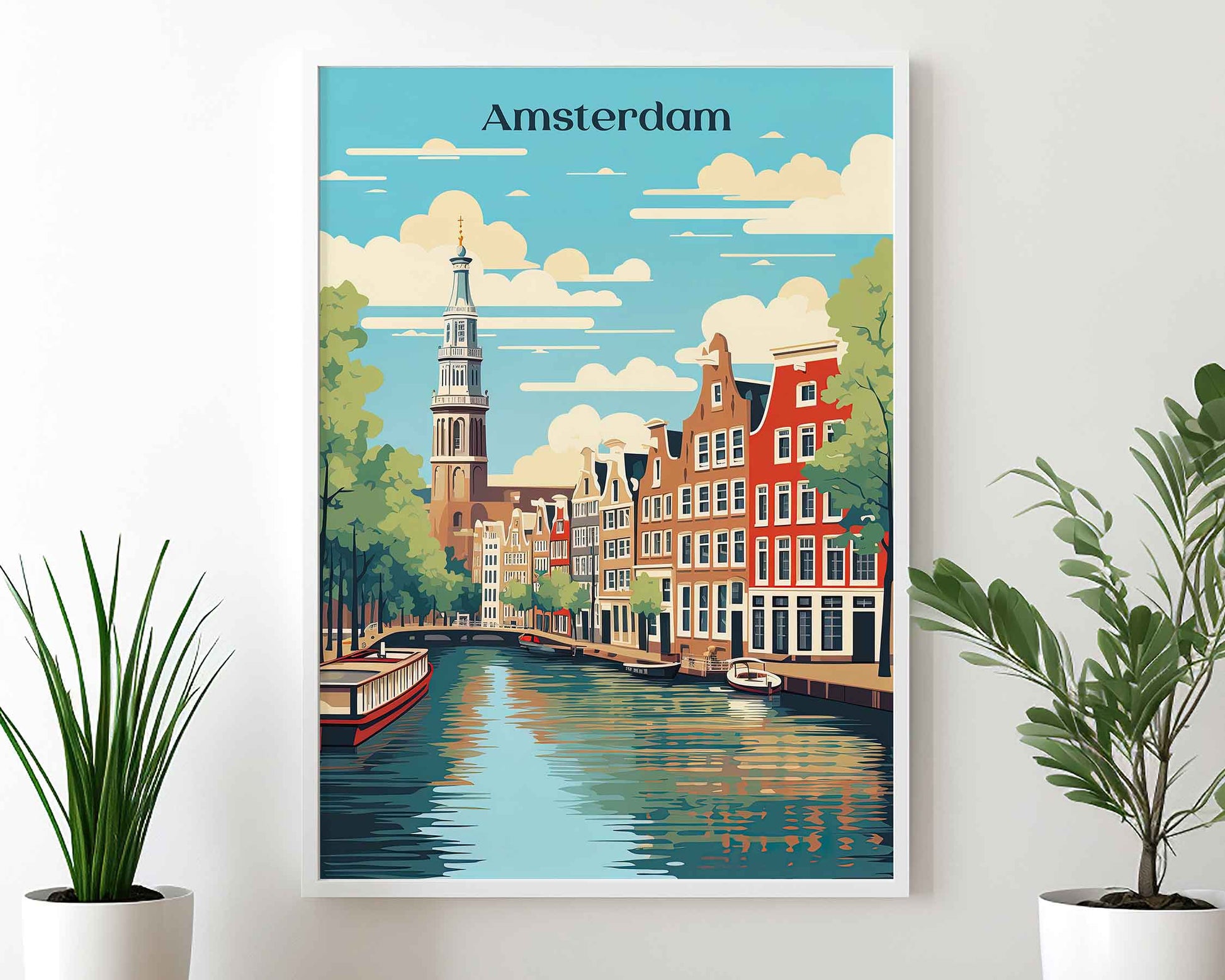 Framed Image of Amsterdam Travel Print Wall Art Poster Holland Illustration