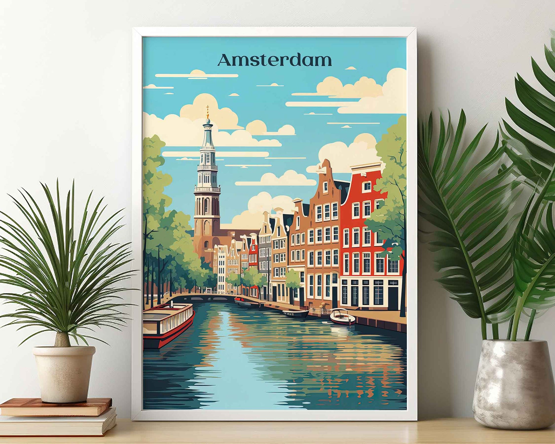 Framed Image of Amsterdam Travel Print Wall Art Poster Holland Illustration