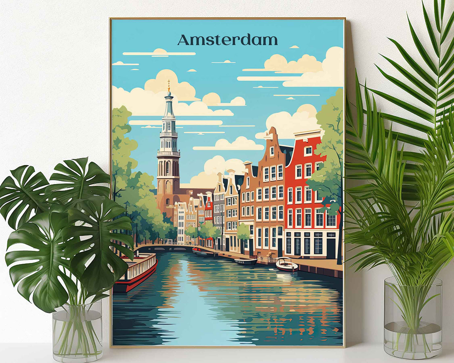 Framed Image of Amsterdam Travel Print Wall Art Poster Holland Illustration