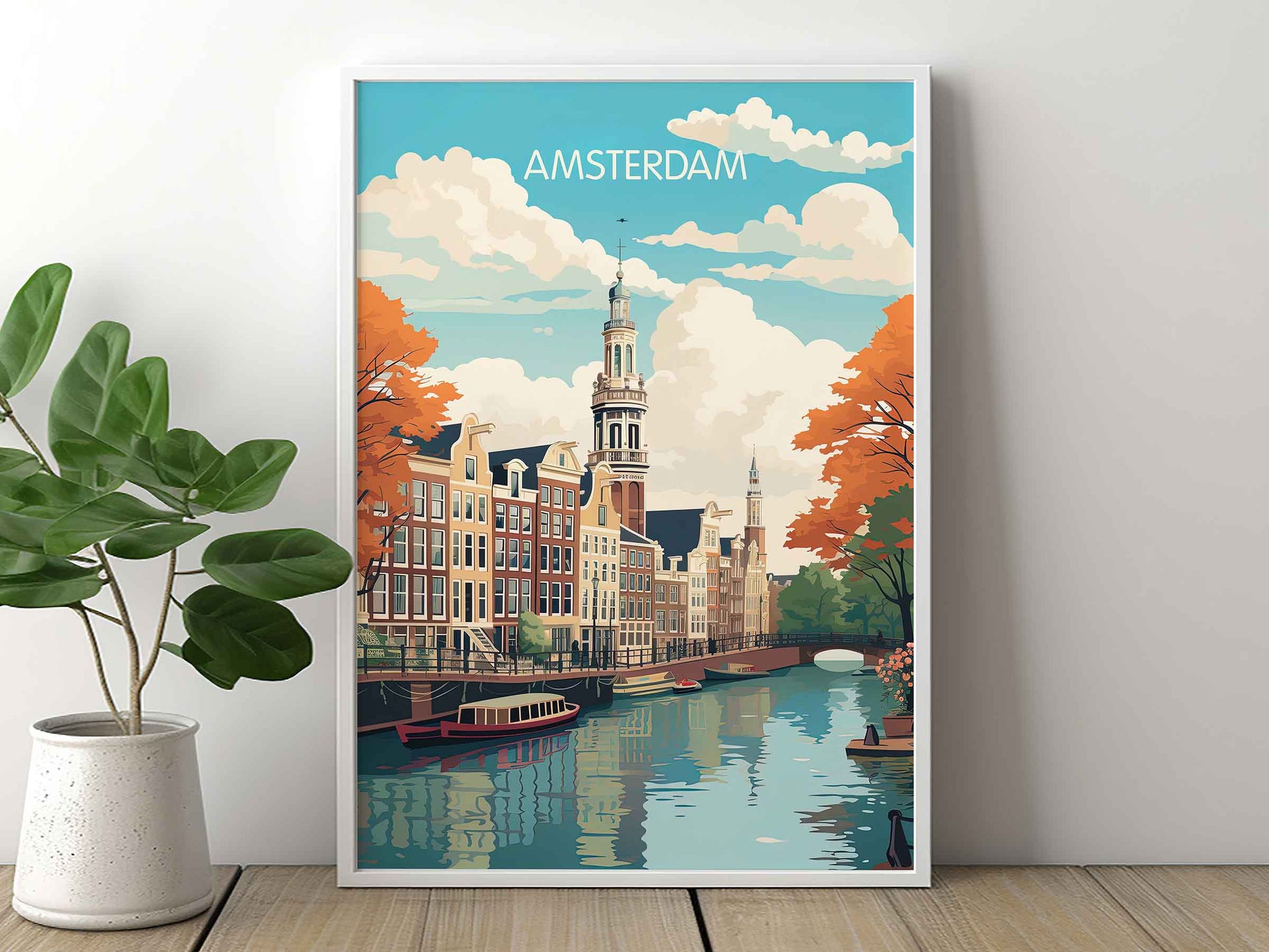 Framed Image of Amsterdam Travel Art Print Wall Poster Holland Illustration