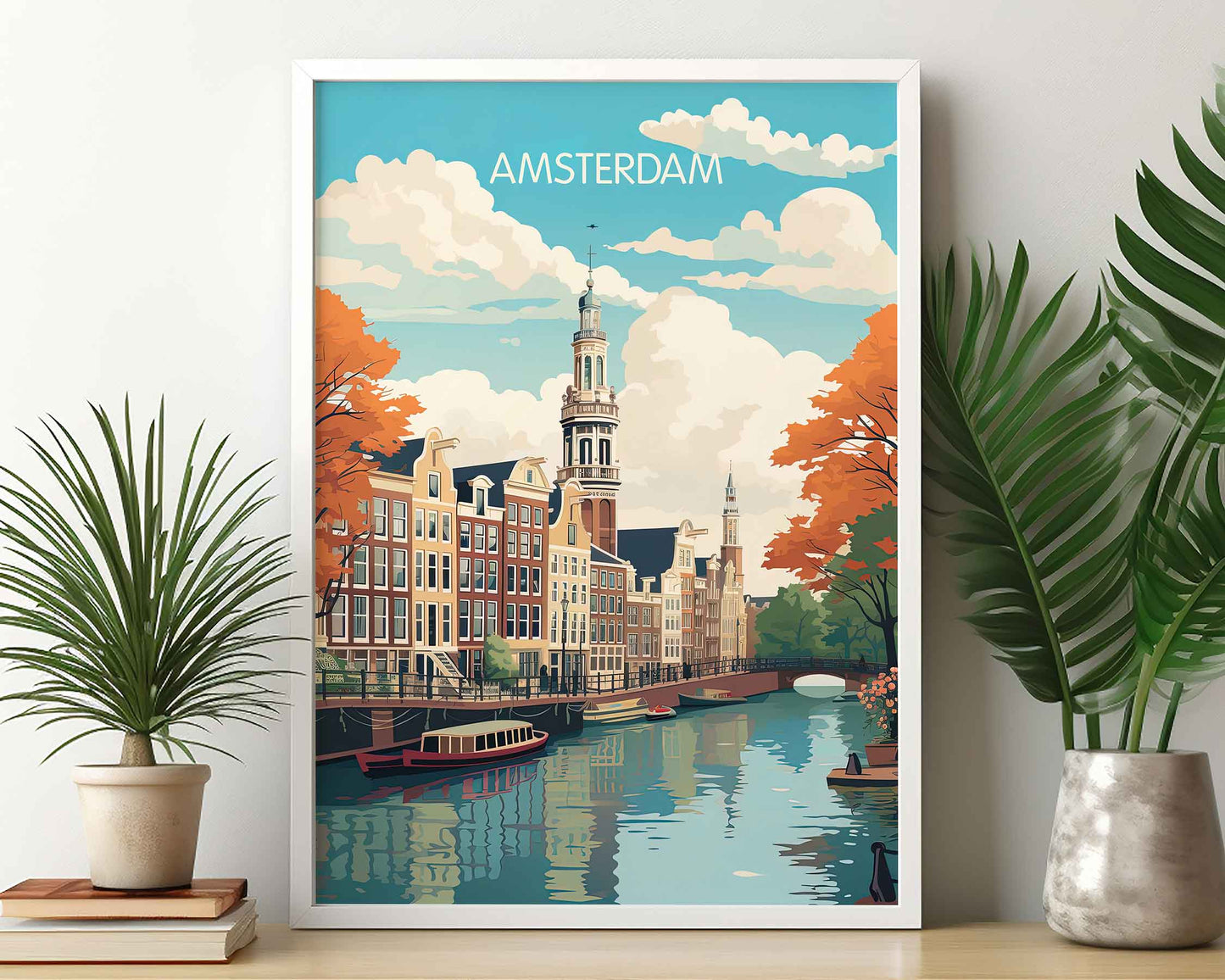 Framed Image of Amsterdam Travel Art Print Wall Poster Holland Illustration