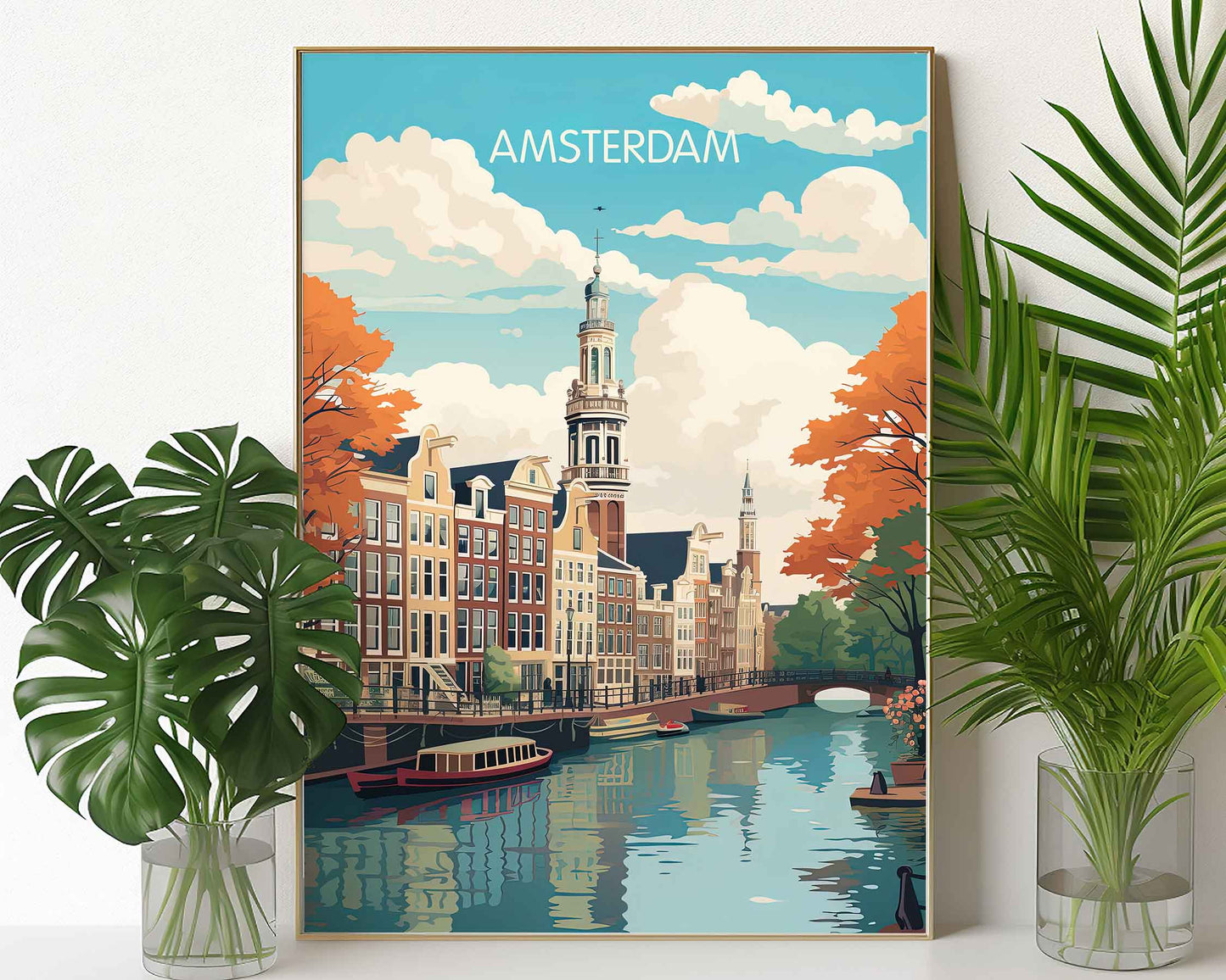 Framed Image of Amsterdam Travel Art Print Wall Poster Holland Illustration