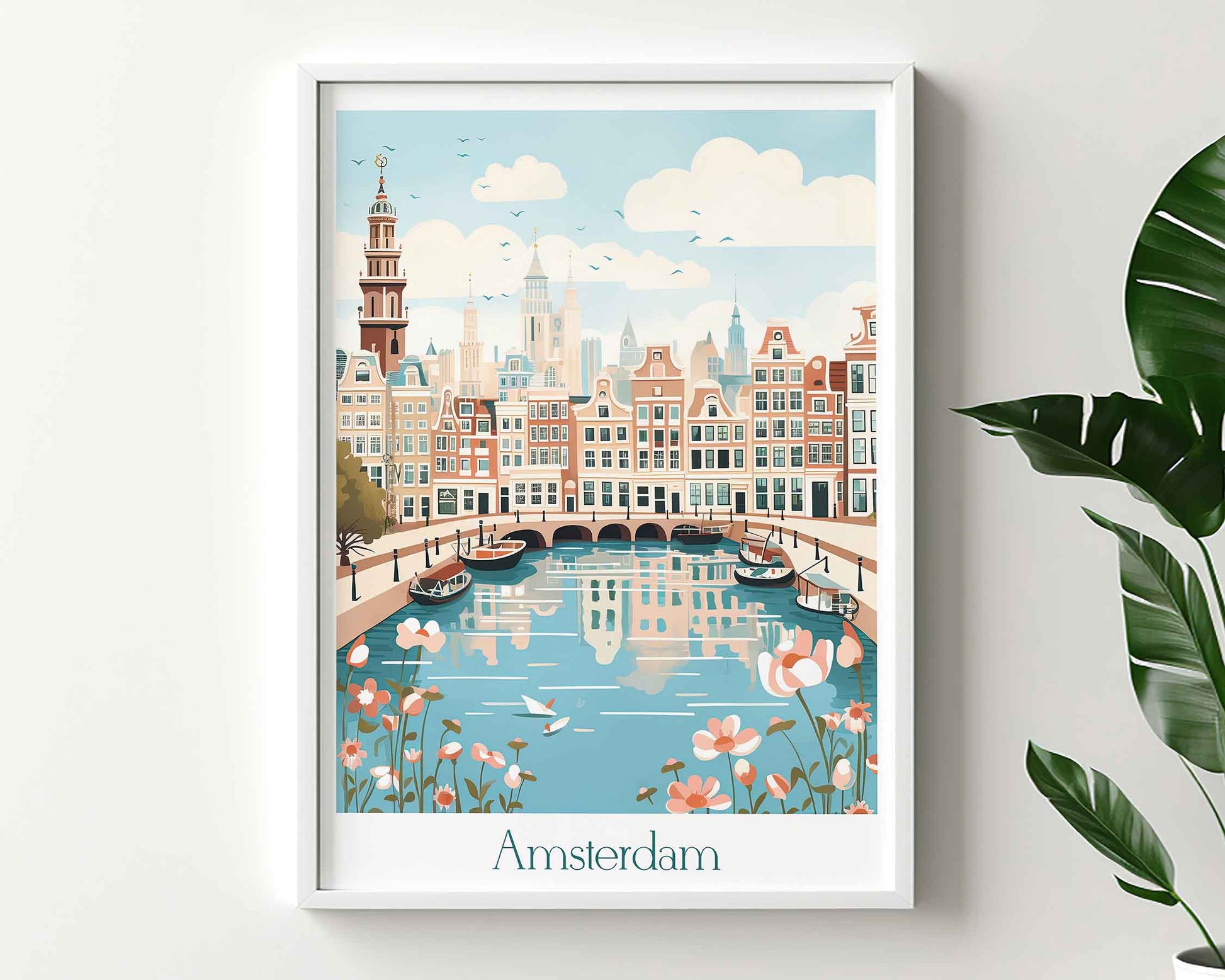 Framed Image of Amsterdam Poster Travel Wall Art Print Holland Illustration