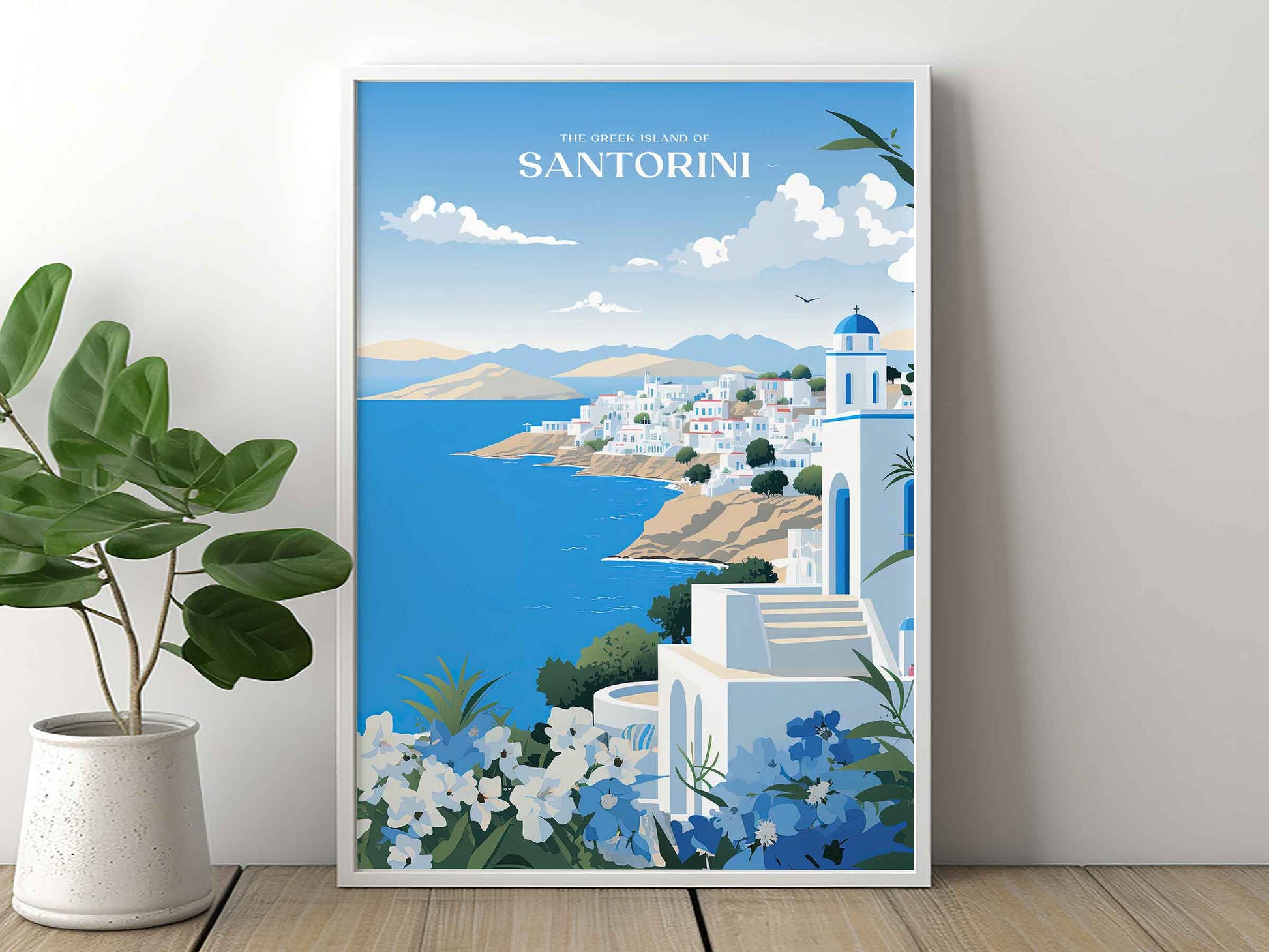 Framed Image of Santorini Greek Island Travel Poster Wall Art Print
