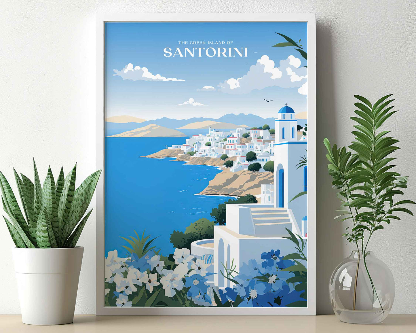 Framed Image of Santorini Greek Island Travel Poster Wall Art Print