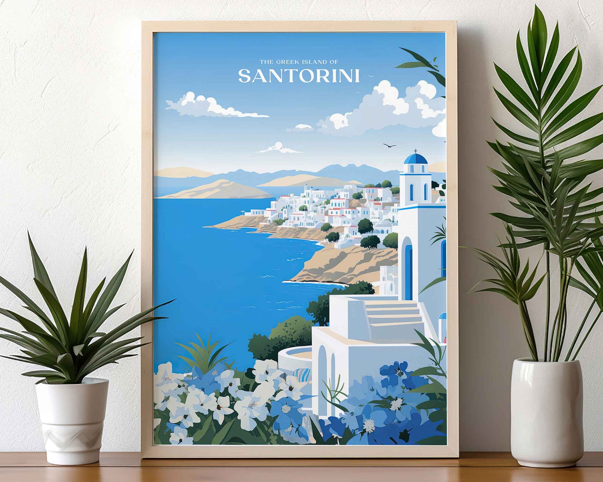 Framed Image of Santorini Greek Island Travel Poster Wall Art Print