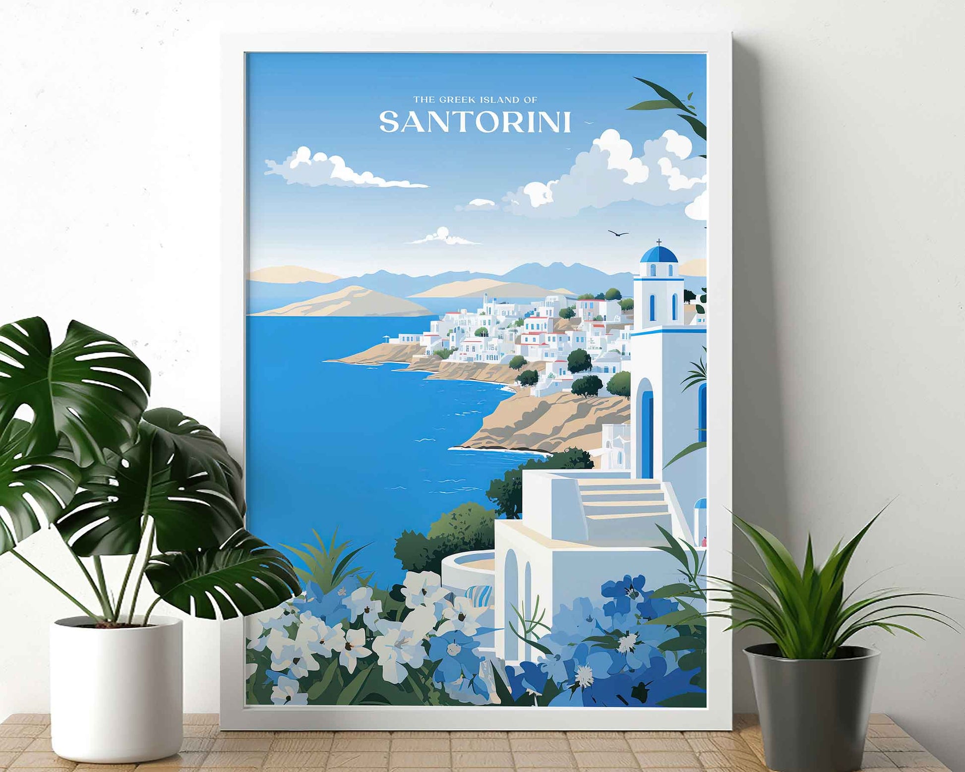 Framed Image of Santorini Greek Island Travel Poster Wall Art Print