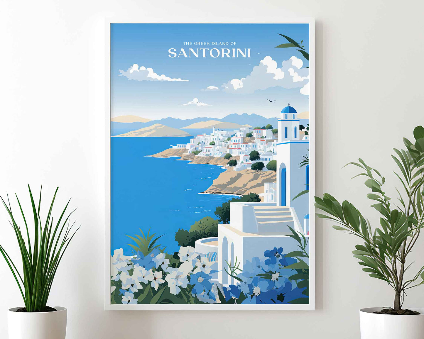 Framed Image of Santorini Greek Island Travel Poster Wall Art Print