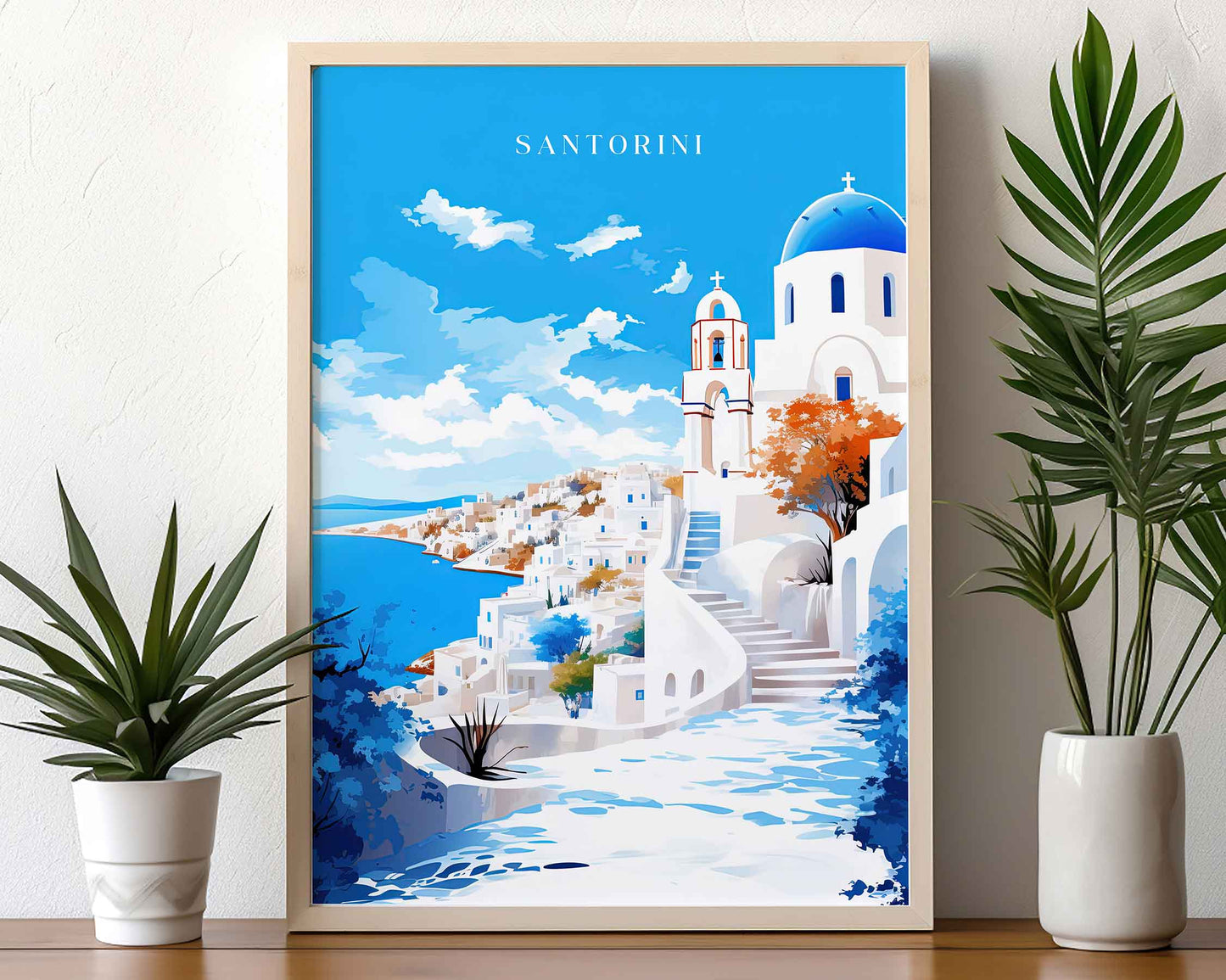 Framed Image of Santorini Greek Islands Travel Poster Print Wall Art