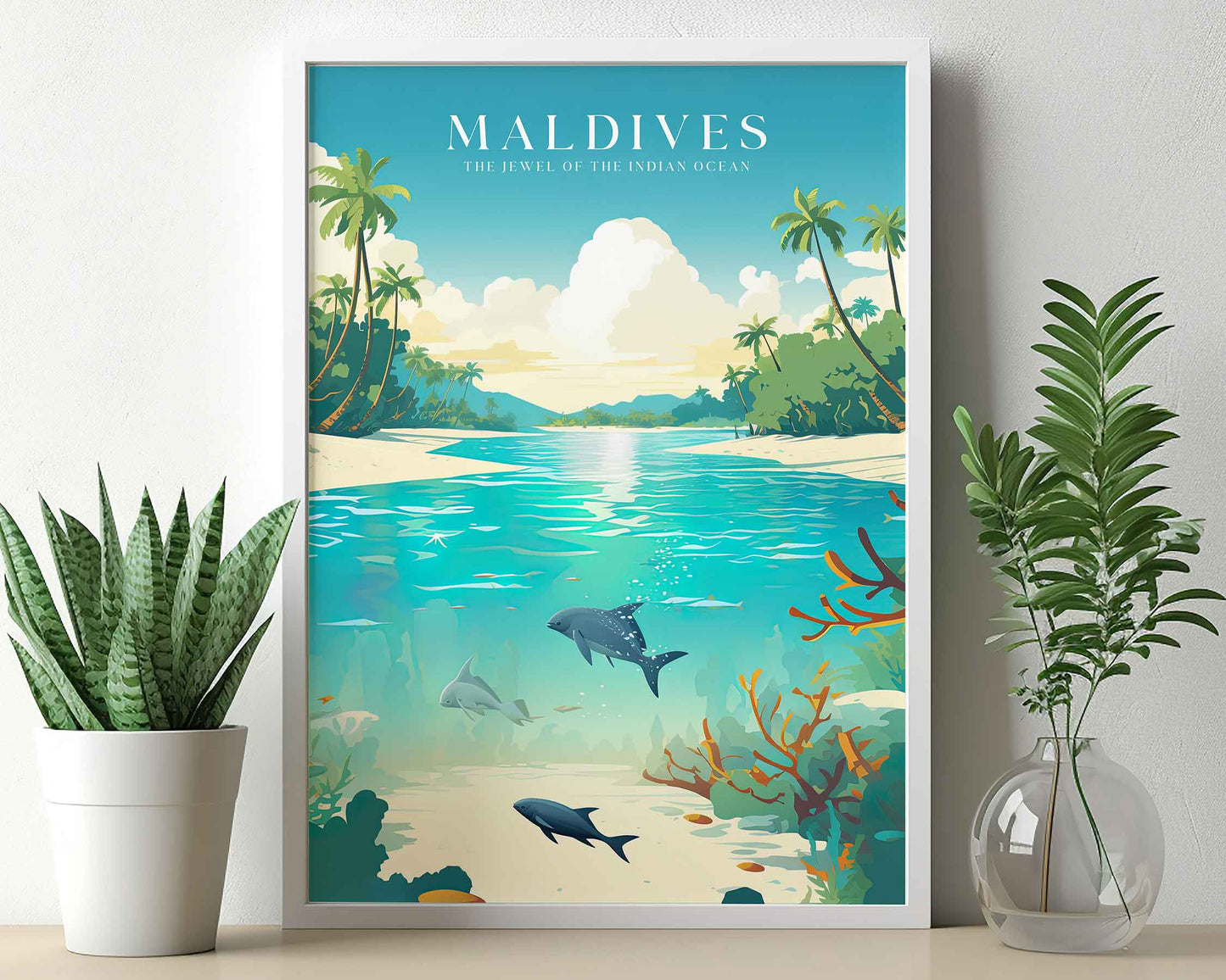 Framed Image of Maldives Travel Posters Tropical Wall Art Illustration Prints