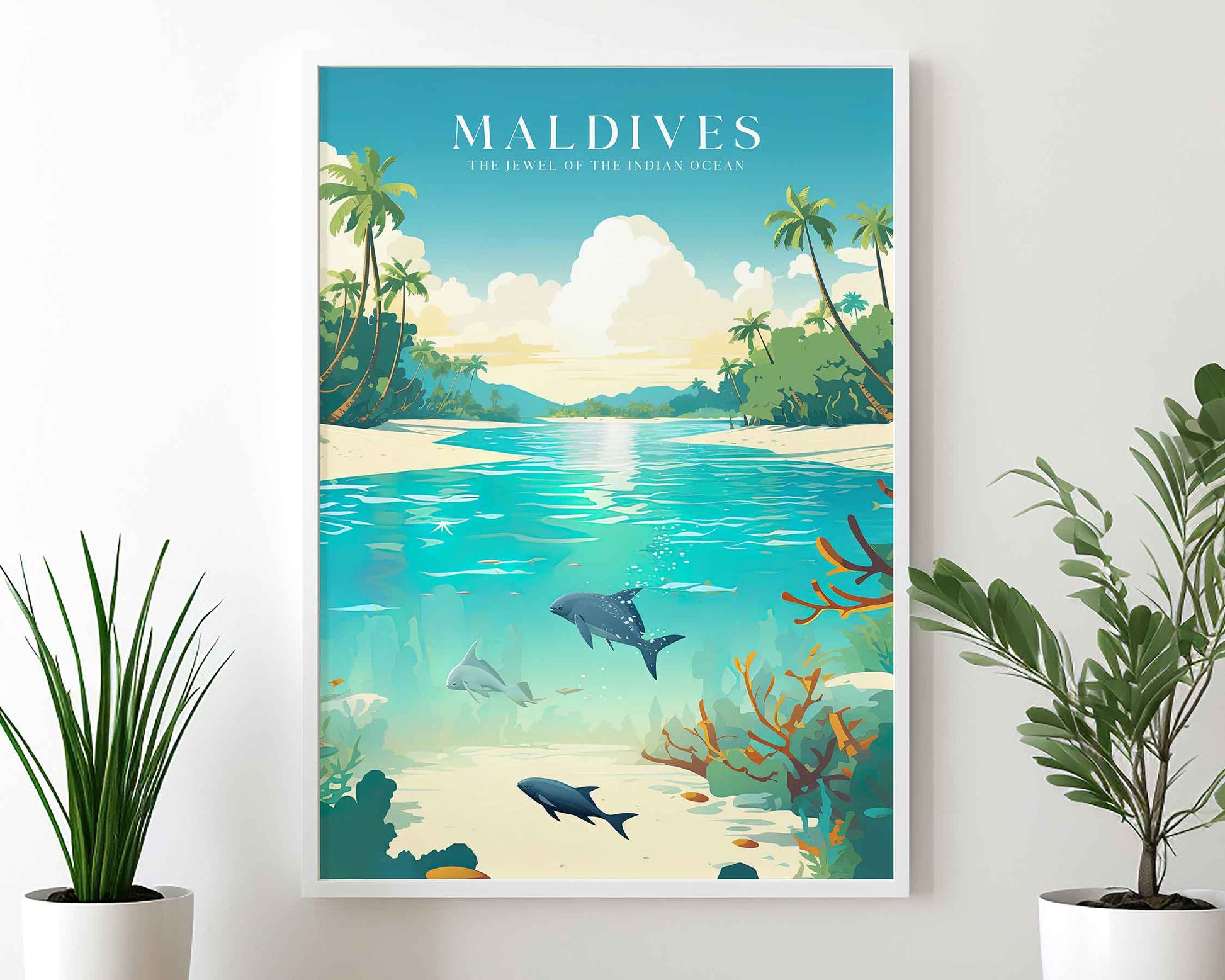 Framed Image of Maldives Travel Posters Tropical Wall Art Illustration Prints