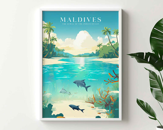 Framed Image of Maldives Travel Posters Tropical Wall Art Illustration Prints