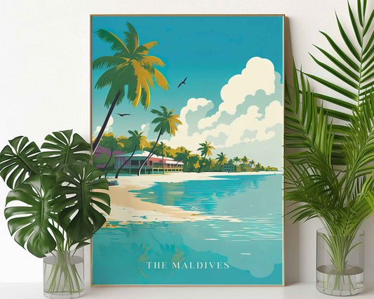 Framed Image of Maldives Travel Posters Wall Art Tropical Illustration Prints