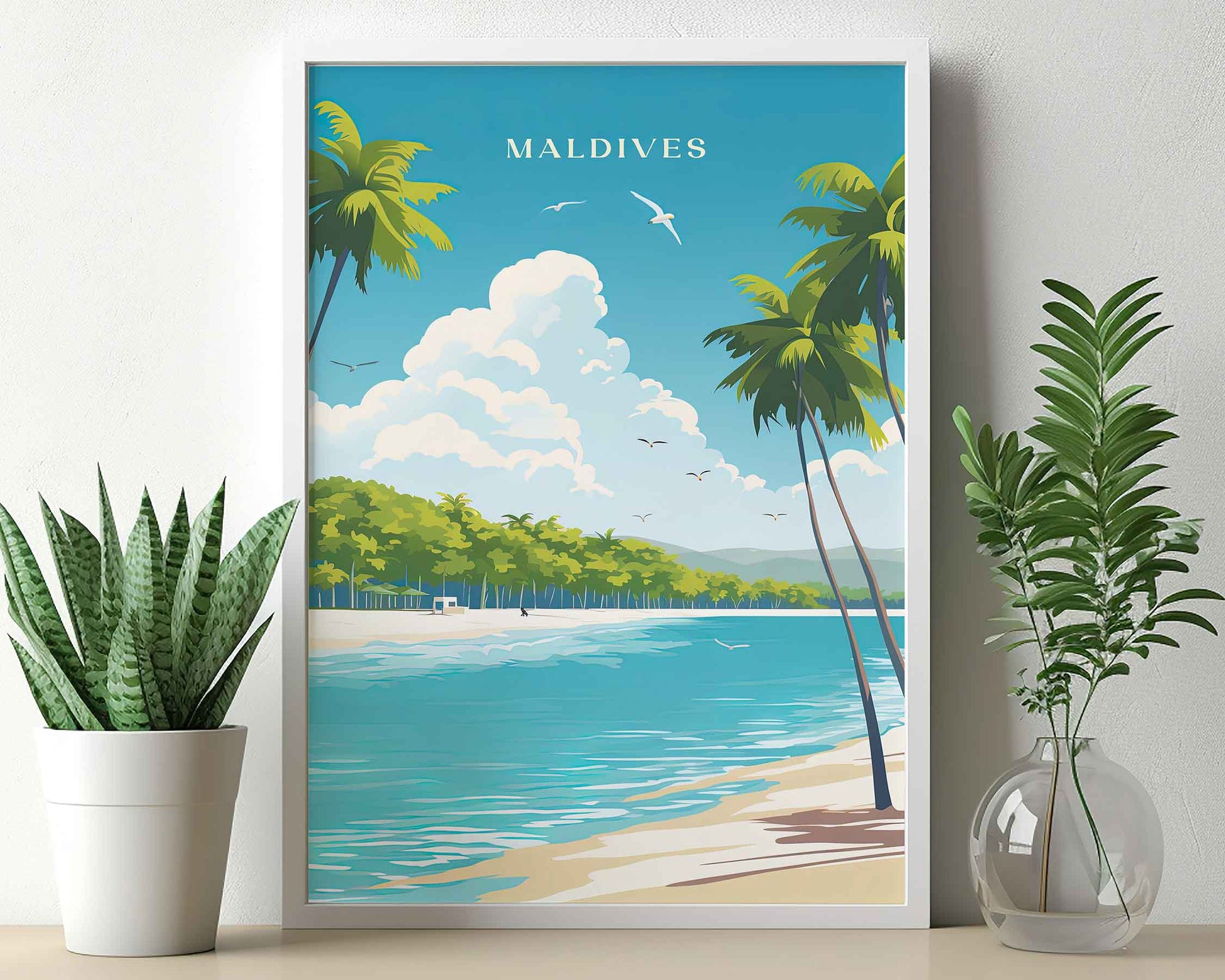 Framed Image of Maldives Travel Posters Wall Art Illustration Tropical Prints