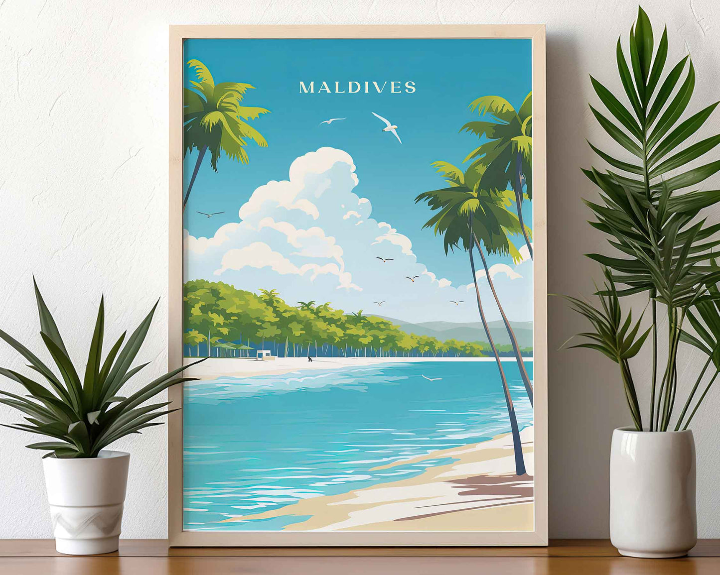 Framed Image of Maldives Travel Posters Wall Art Illustration Tropical Prints