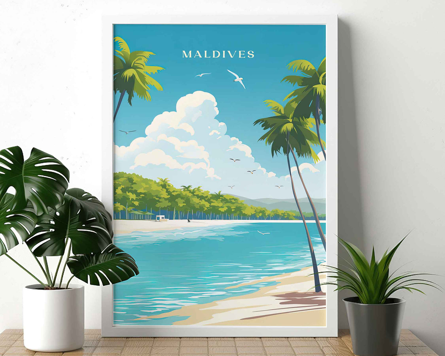 Framed Image of Maldives Travel Posters Wall Art Illustration Tropical Prints