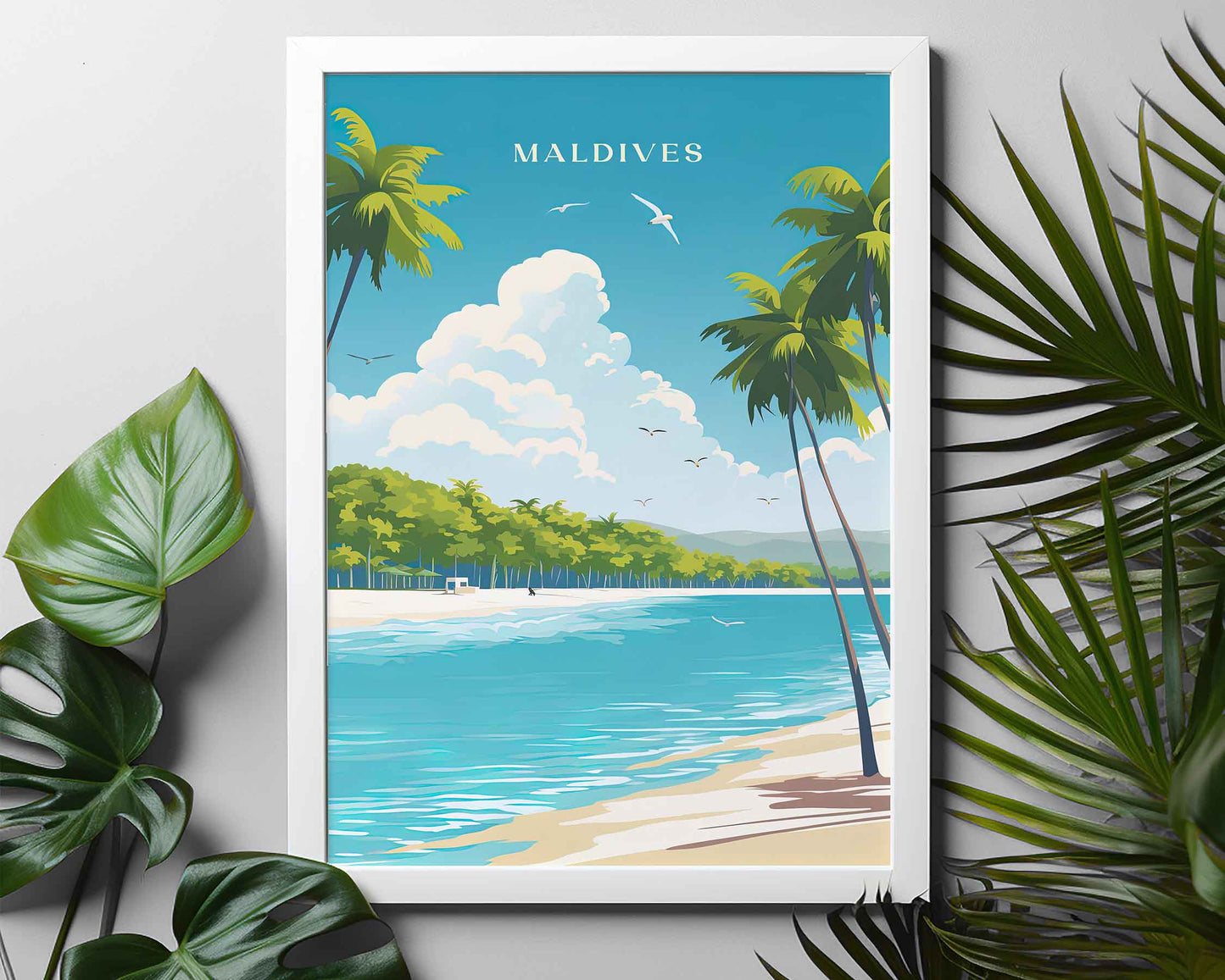 Framed Image of Maldives Travel Posters Wall Art Illustration Tropical Prints