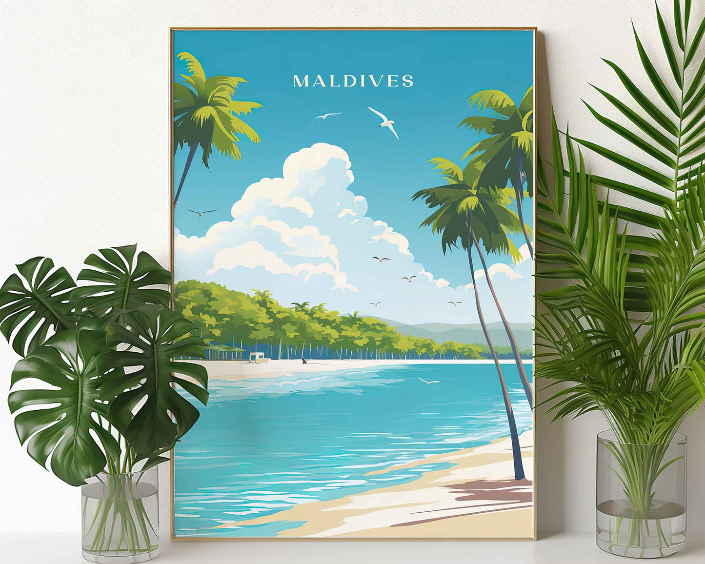 Framed Image of Maldives Travel Posters Wall Art Illustration Tropical Prints