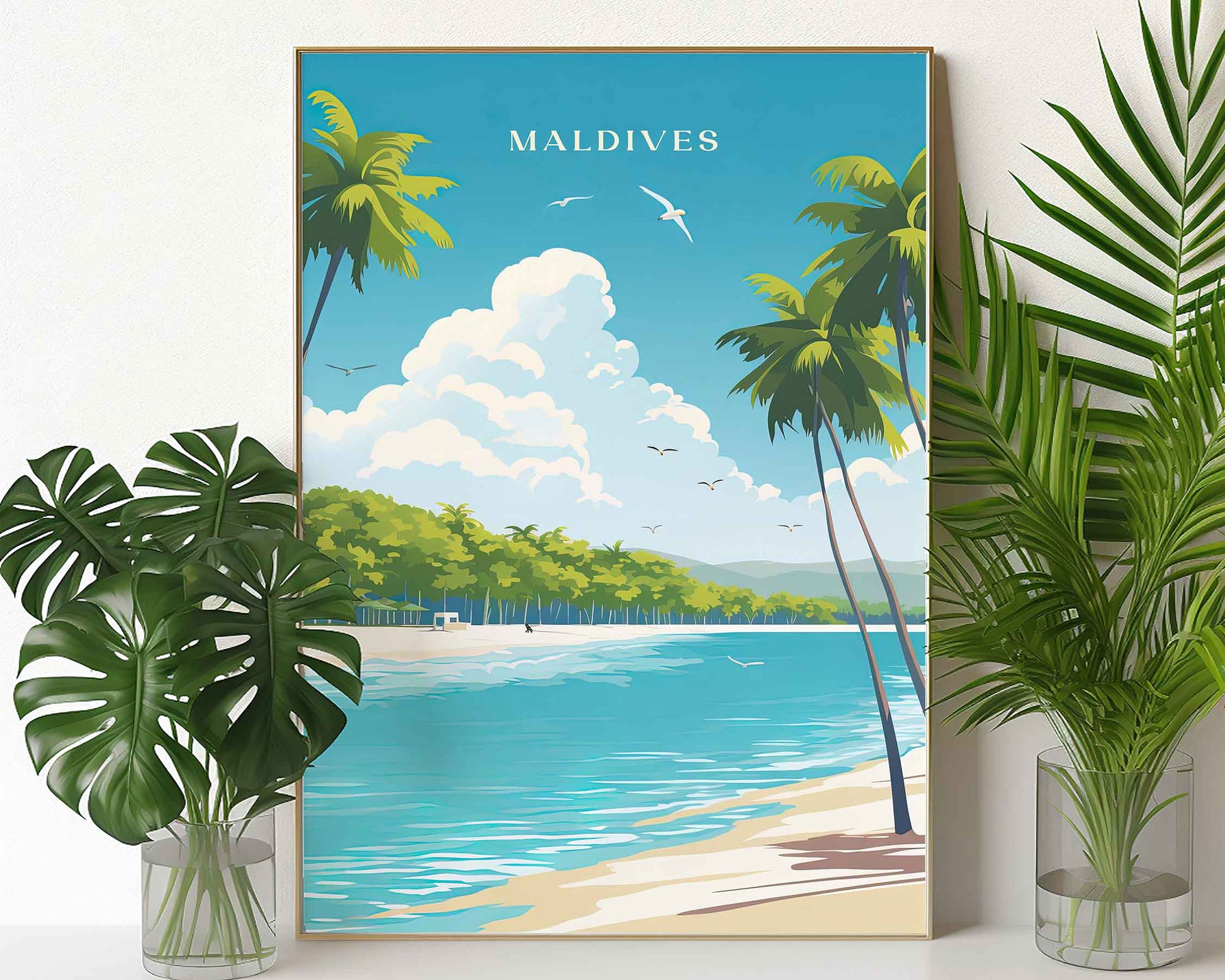 Framed Image of Maldives Travel Posters Wall Art Illustration Tropical Prints