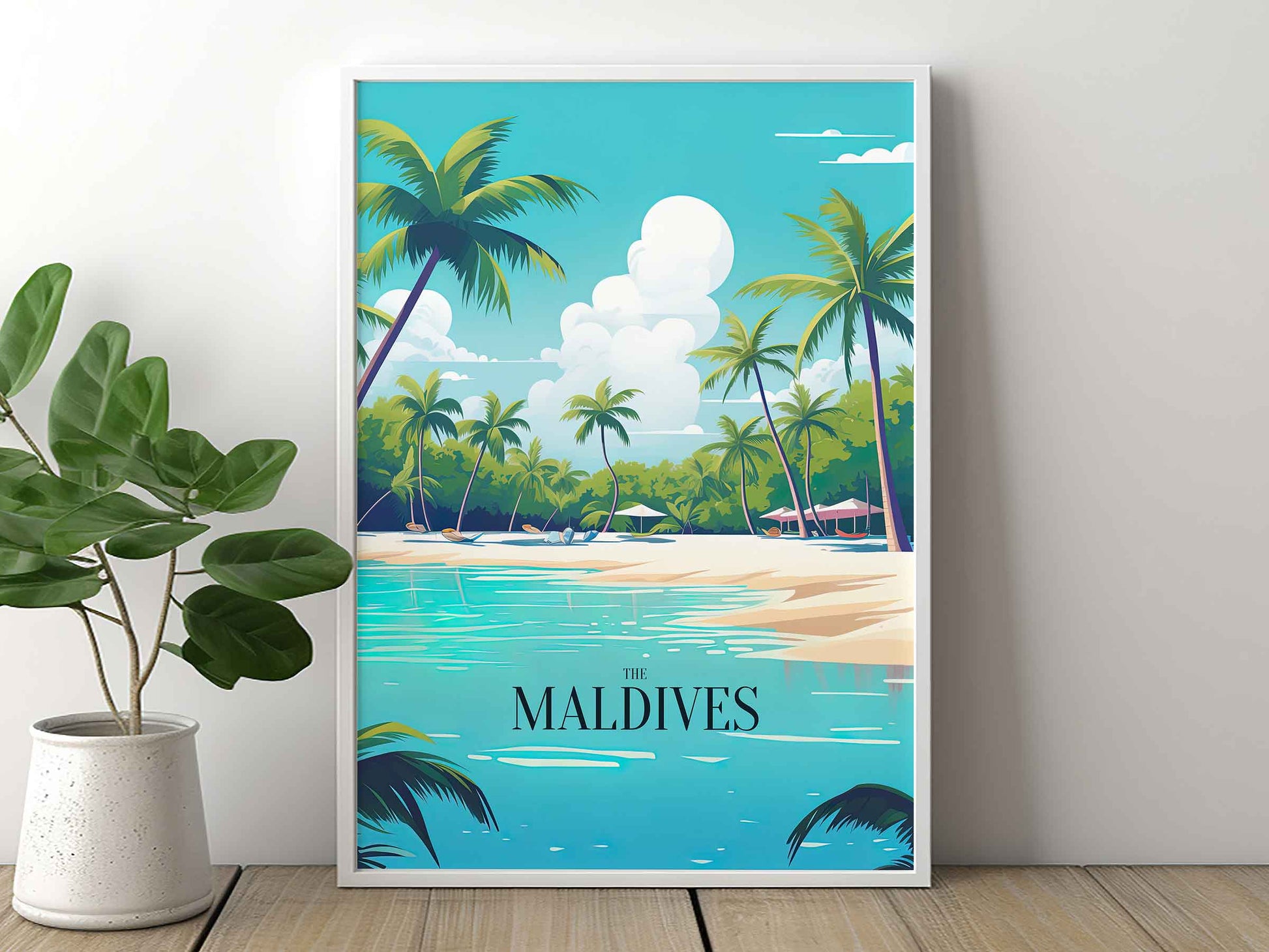 Framed Image of Maldives Travel Posters Illustration Wall Art Tropical Prints