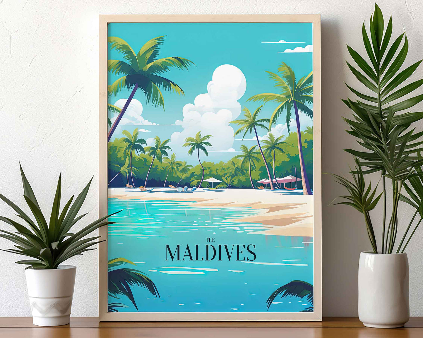 Framed Image of Maldives Travel Posters Illustration Wall Art Tropical Prints