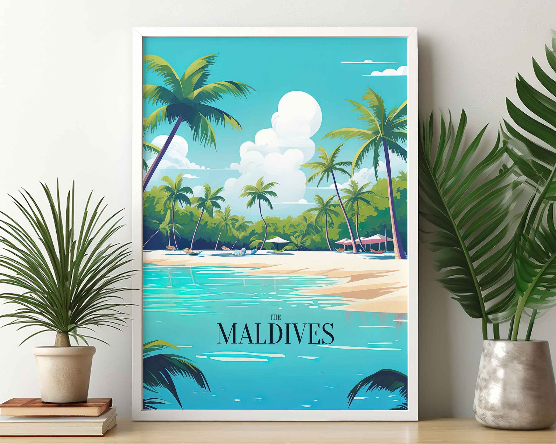 Framed Image of Maldives Travel Posters Illustration Wall Art Tropical Prints