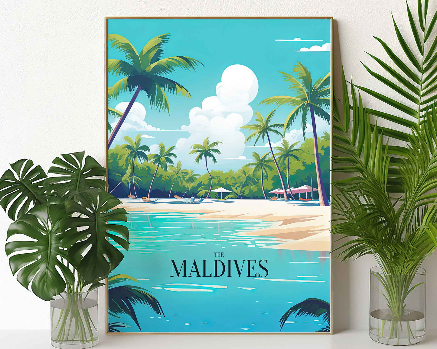 Framed Image of Maldives Travel Posters Illustration Wall Art Tropical Prints