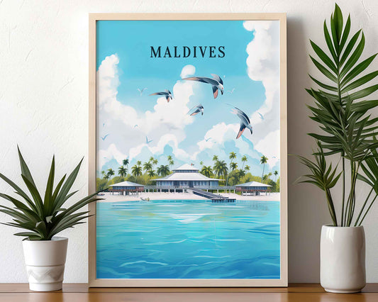 Framed Image of Maldives Travel Illustration Posters Wall Art Tropical Prints