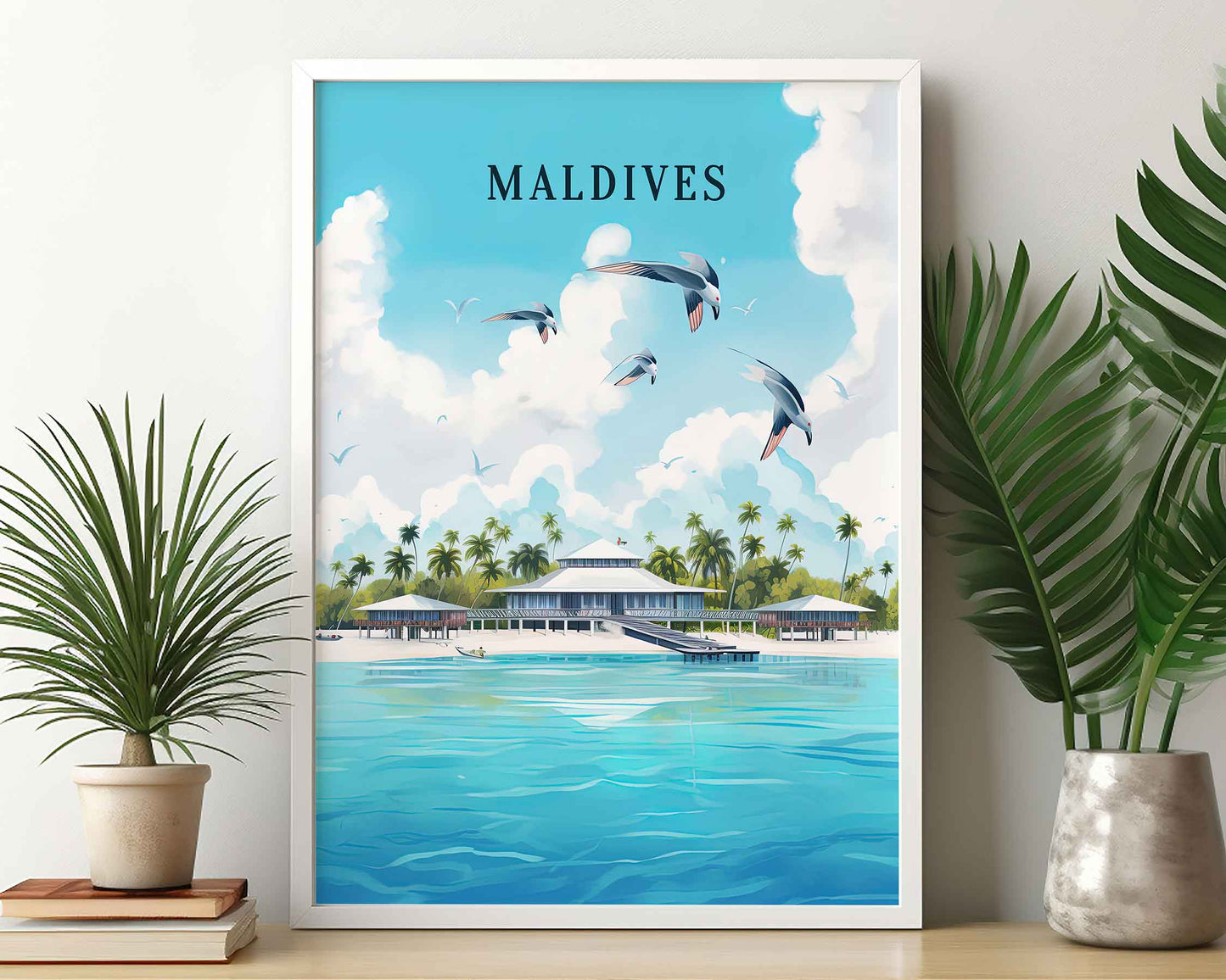 Framed Image of Maldives Travel Illustration Posters Wall Art Tropical Prints