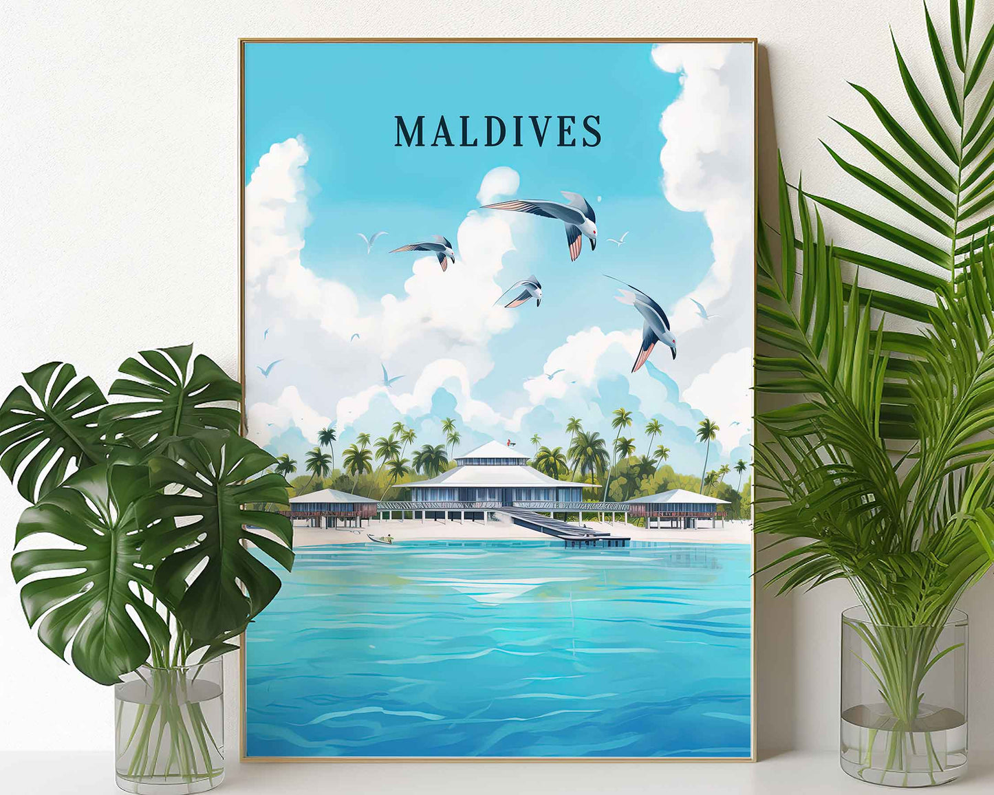 Framed Image of Maldives Travel Illustration Posters Wall Art Tropical Prints