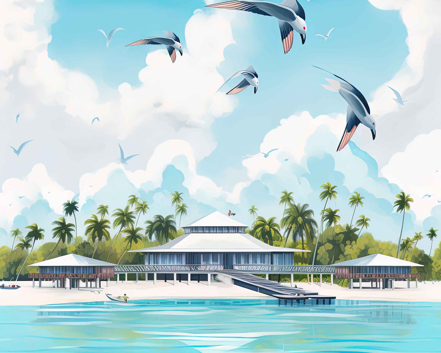 Framed Image of Maldives Travel Illustration Posters Wall Art Tropical Prints