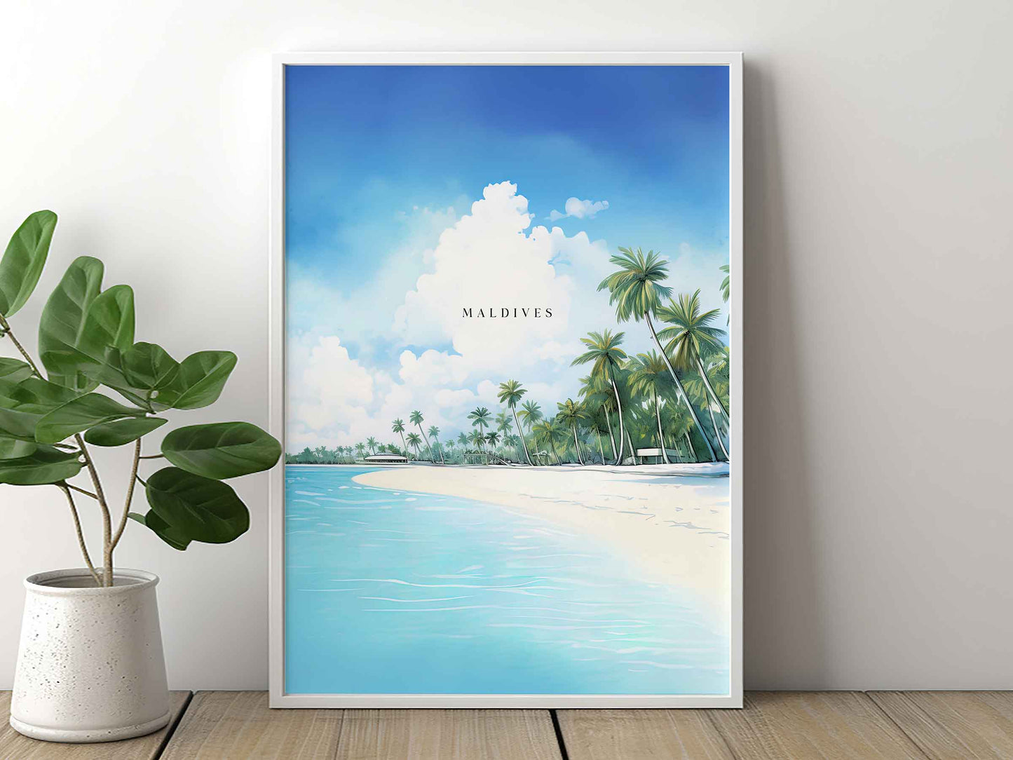 Framed Image of Maldives Travel Illustration Poster Prints Wall Art Tropical