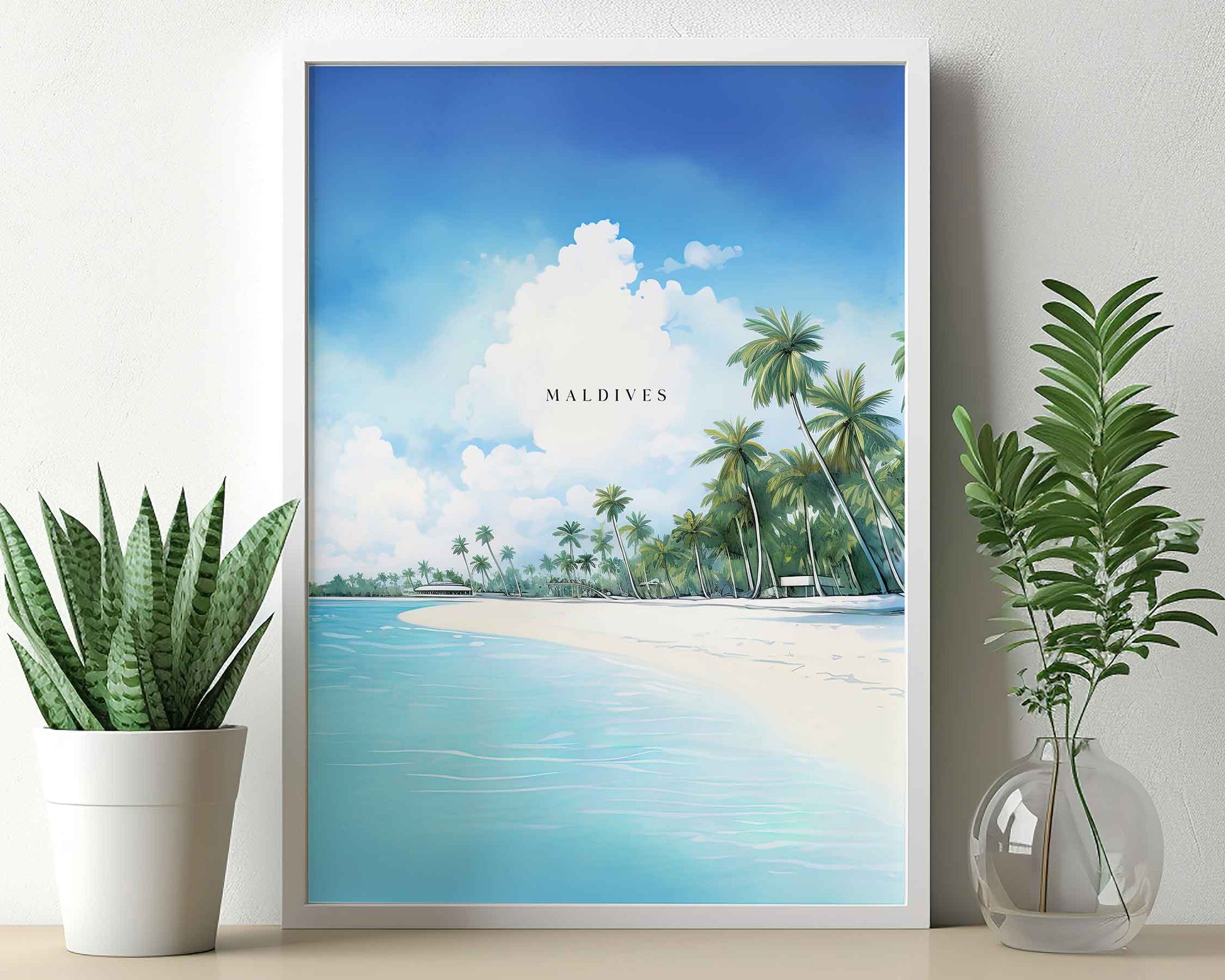 Framed Image of Maldives Travel Illustration Poster Prints Wall Art Tropical