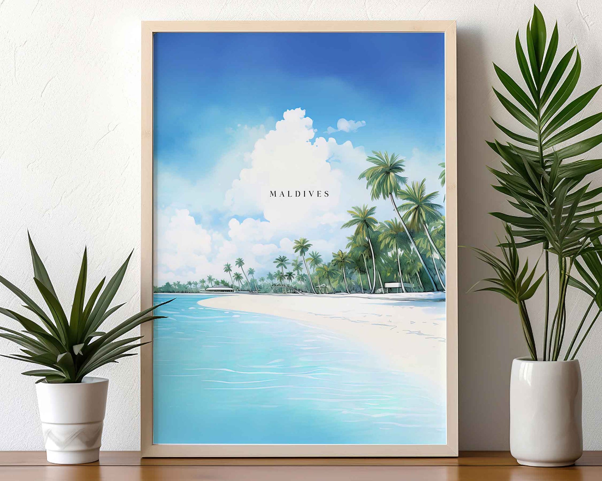 Framed Image of Maldives Travel Illustration Poster Prints Wall Art Tropical