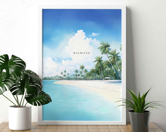 Framed Image of Maldives Travel Illustration Poster Prints Wall Art Tropical