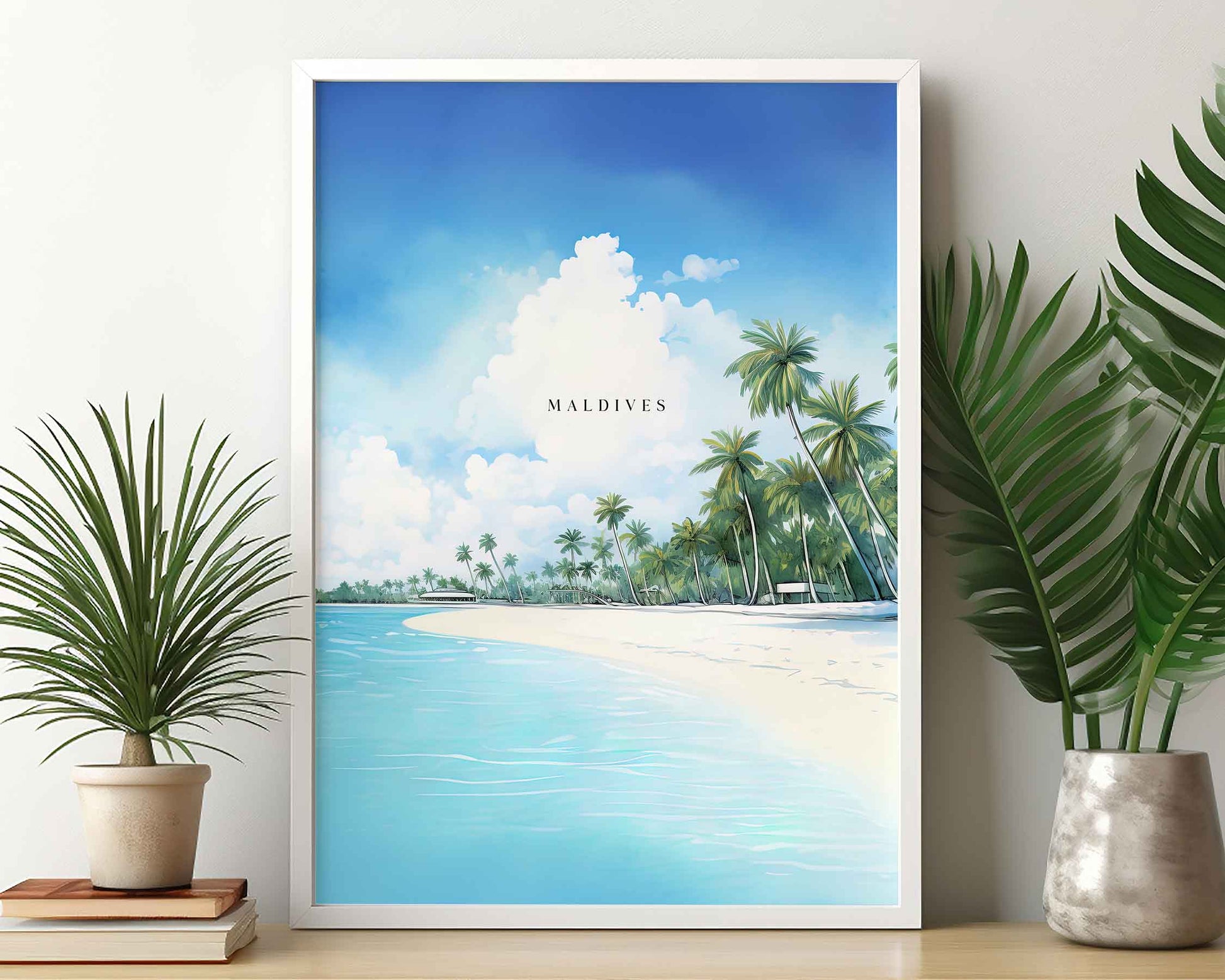 Framed Image of Maldives Travel Illustration Poster Prints Wall Art Tropical