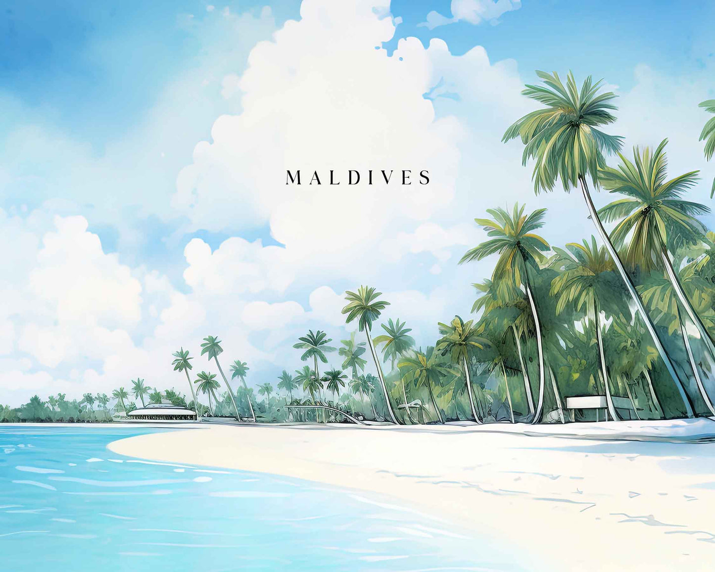 Framed Image of Maldives Travel Illustration Poster Prints Wall Art Tropical