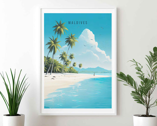 Framed Image of Maldives Travel Illustration Wall Art Poster Tropical Prints