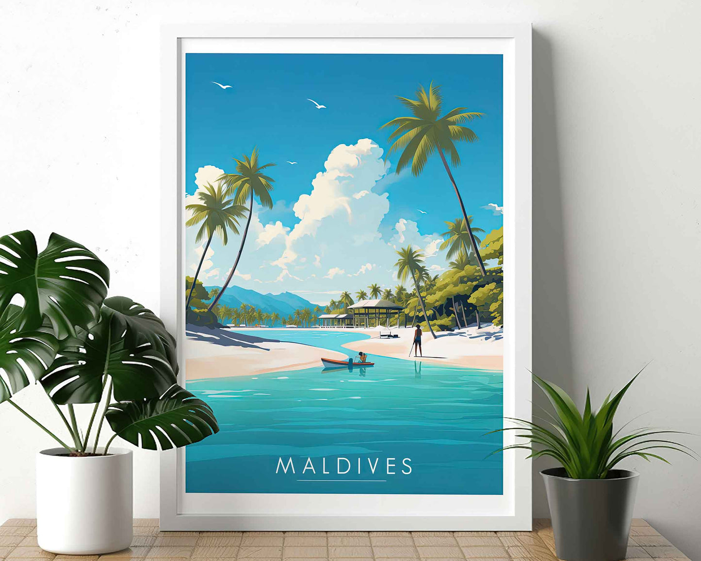 Framed Image of Maldives Travel Poster Prints Illustration Tropical Wall Art