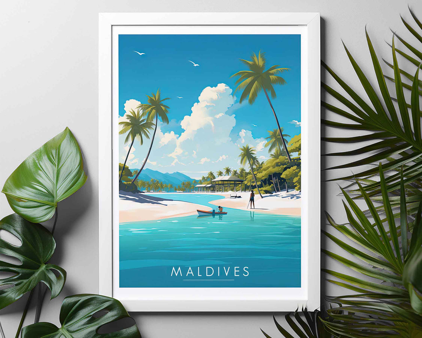 Framed Image of Maldives Travel Poster Prints Illustration Tropical Wall Art