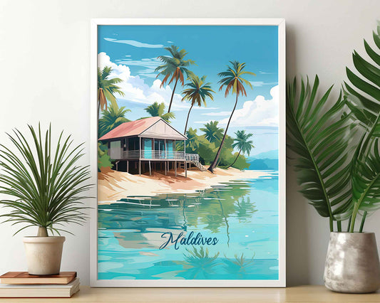 Framed Image of Maldives Travel Poster Prints Tropical Illustration Wall Art