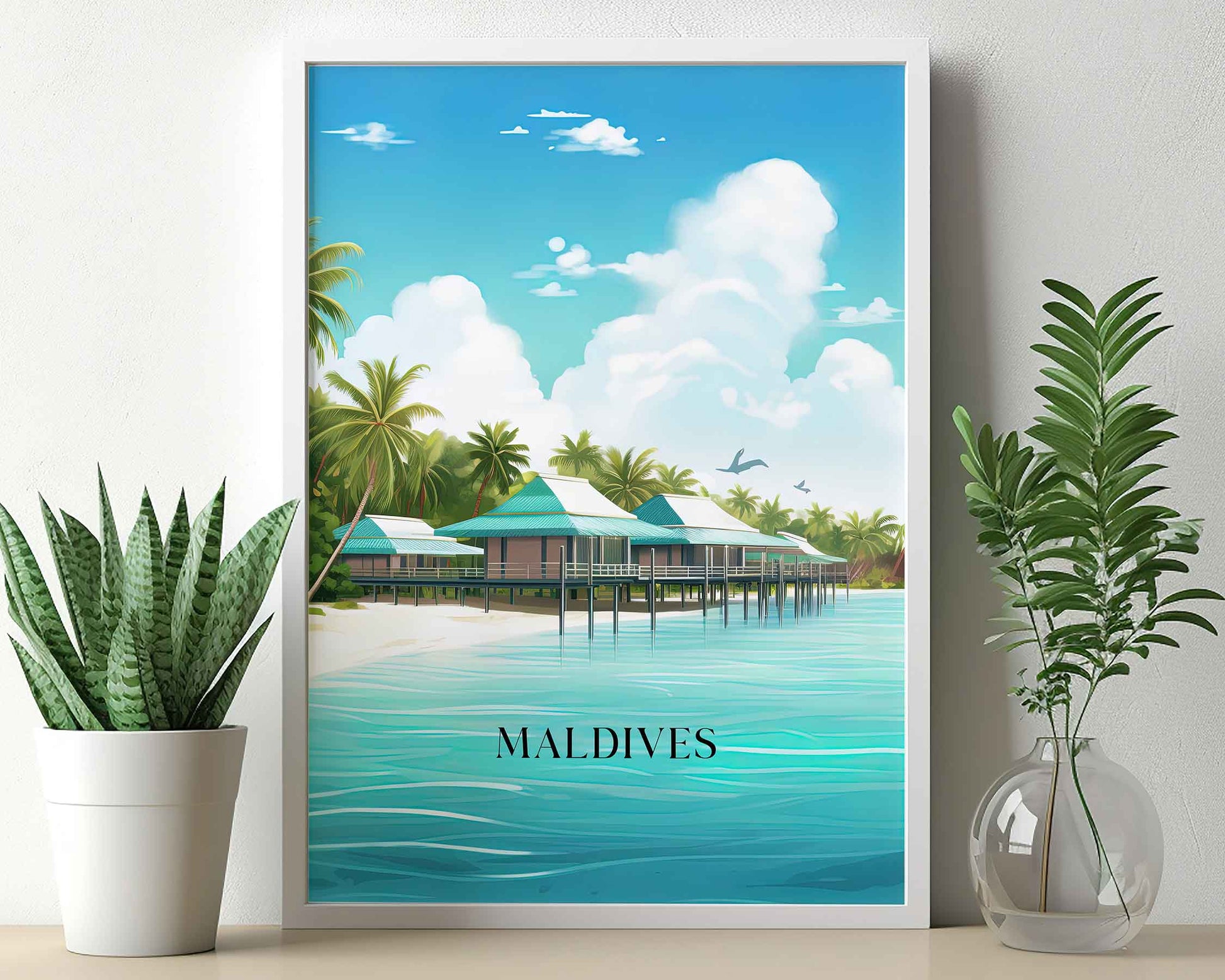 Framed Image of Maldives Travel Poster Prints Tropical Wall Art Illustration