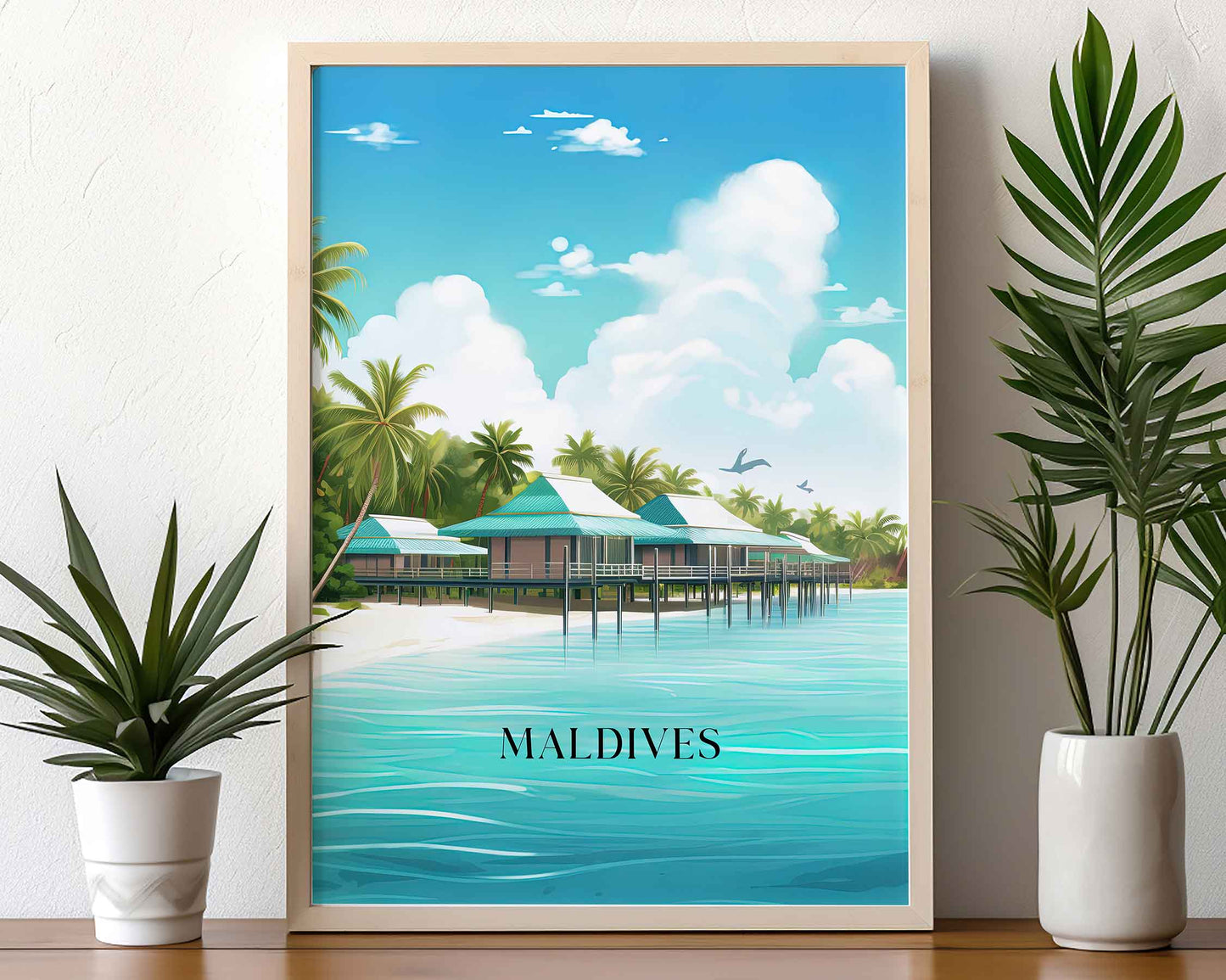 Framed Image of Maldives Travel Poster Prints Tropical Wall Art Illustration
