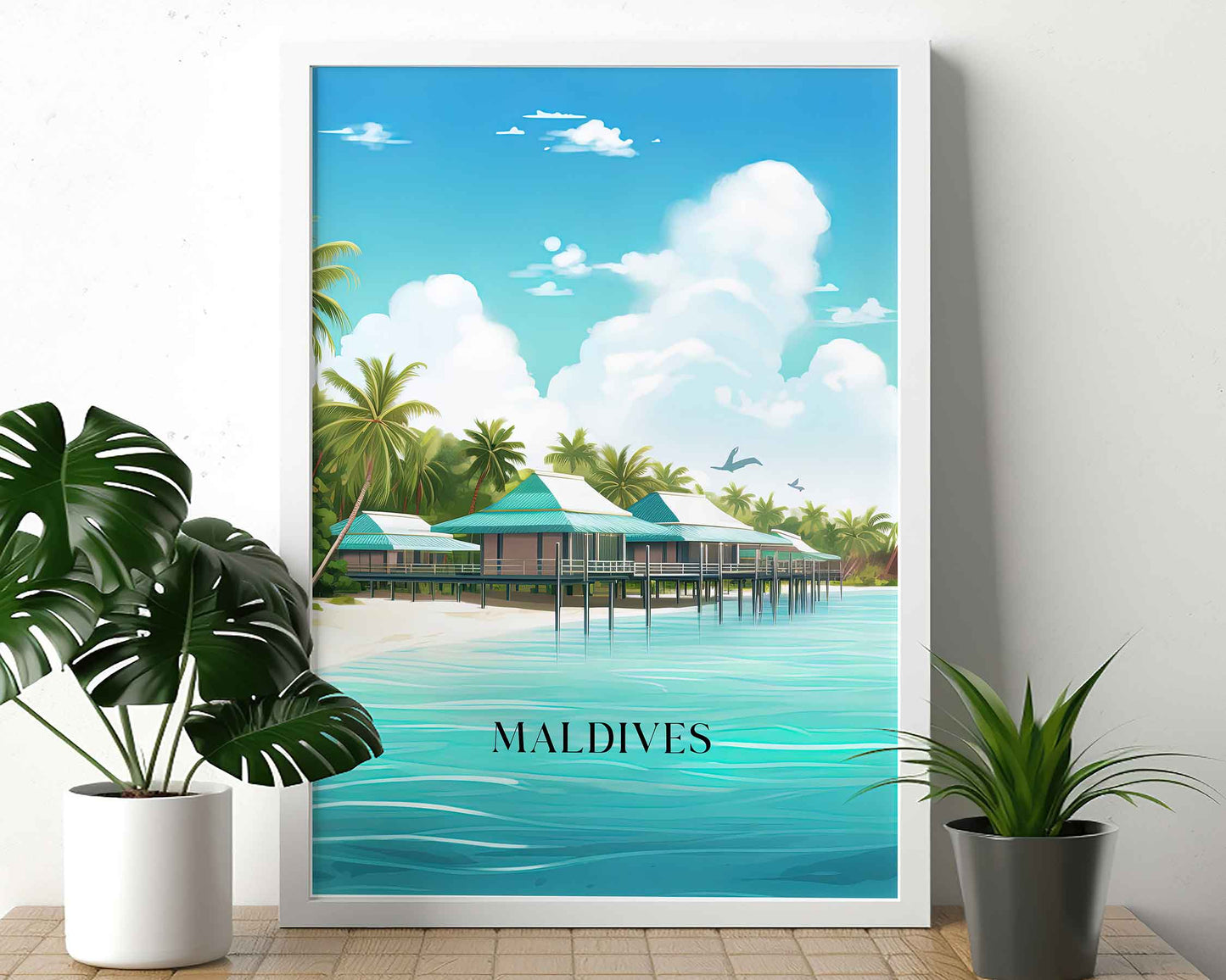 Framed Image of Maldives Travel Poster Prints Tropical Wall Art Illustration