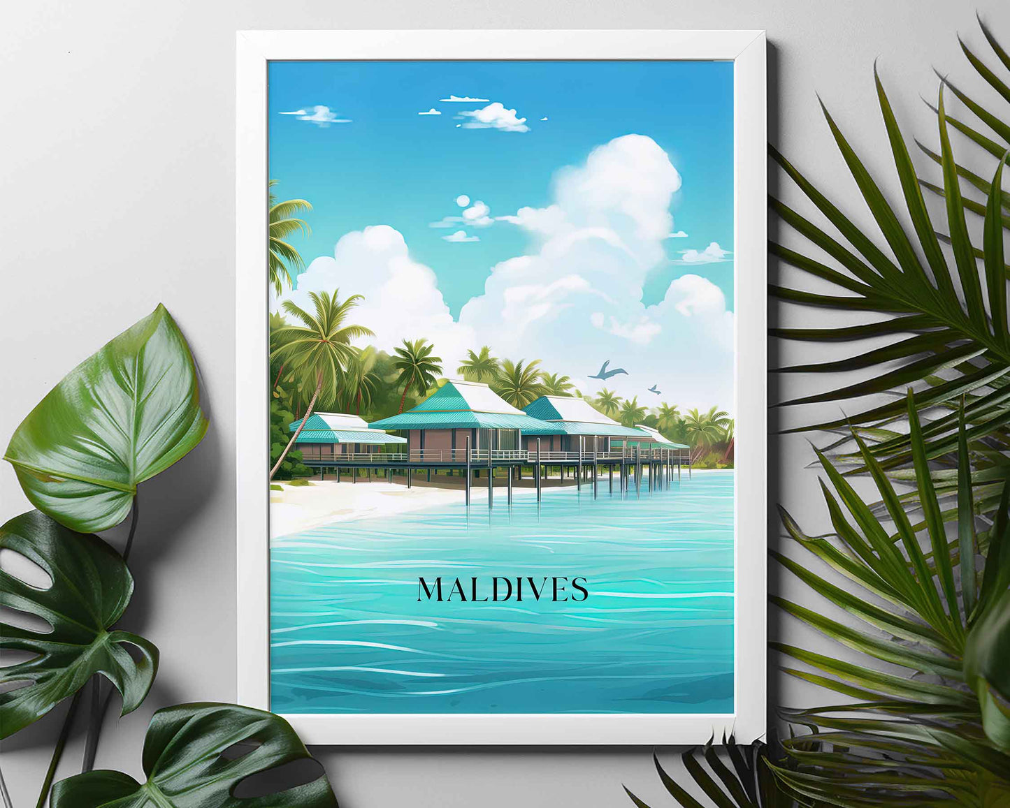 Framed Image of Maldives Travel Poster Prints Tropical Wall Art Illustration