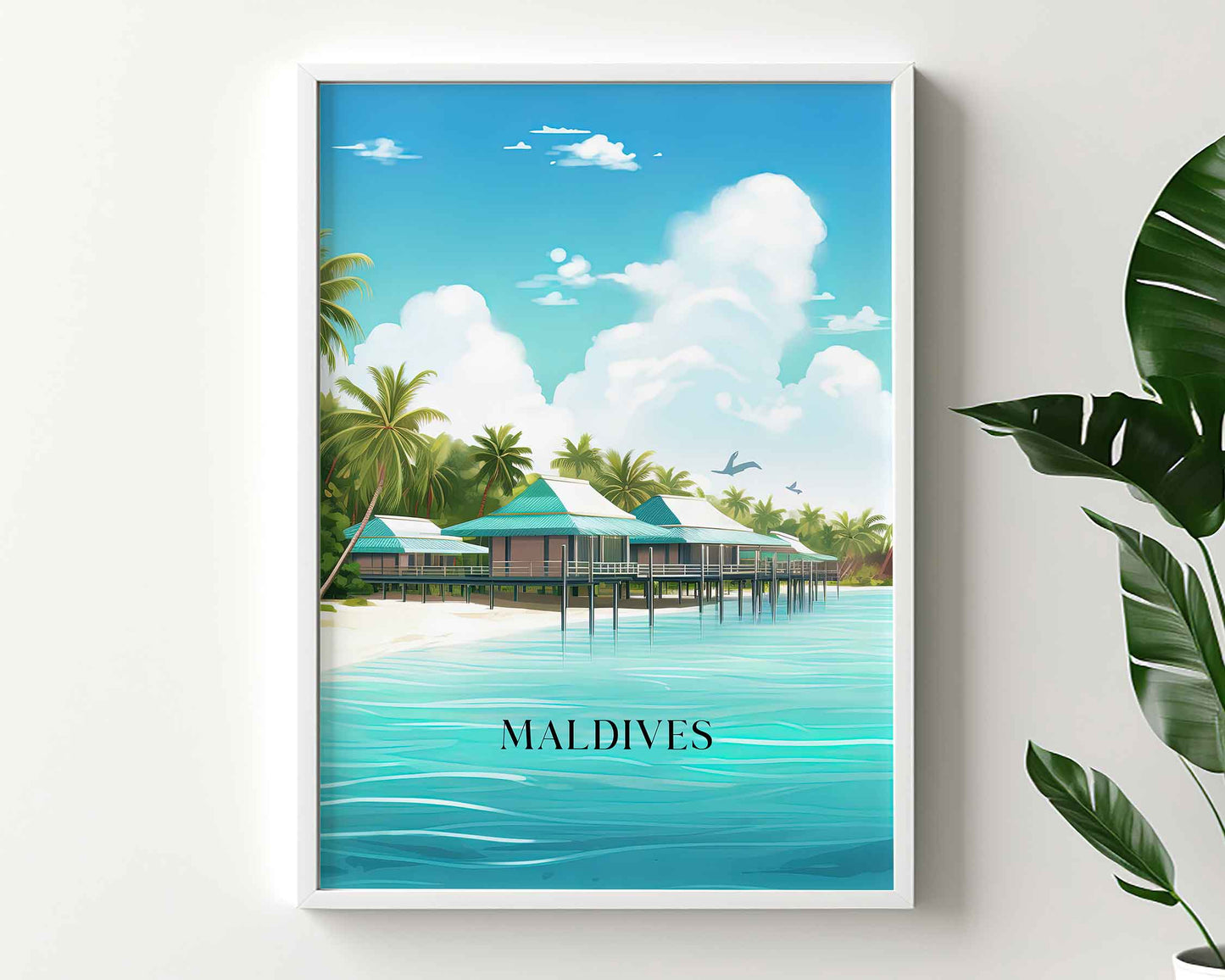 Framed Image of Maldives Travel Poster Prints Tropical Wall Art Illustration
