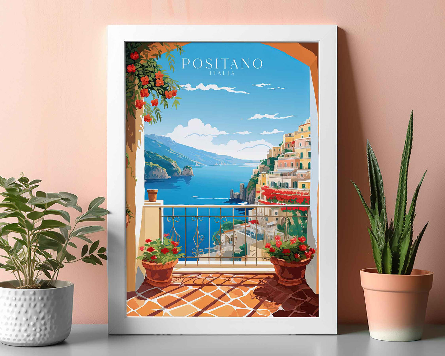 Framed Image of Positano Italy Travel Poster Illustration Prints Wall Art