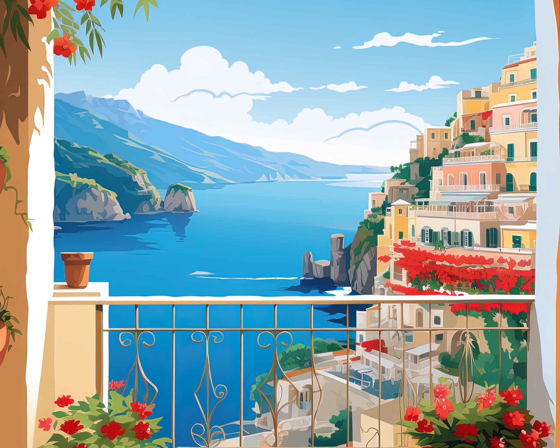 Framed Image of Positano Italy Travel Poster Illustration Prints Wall Art