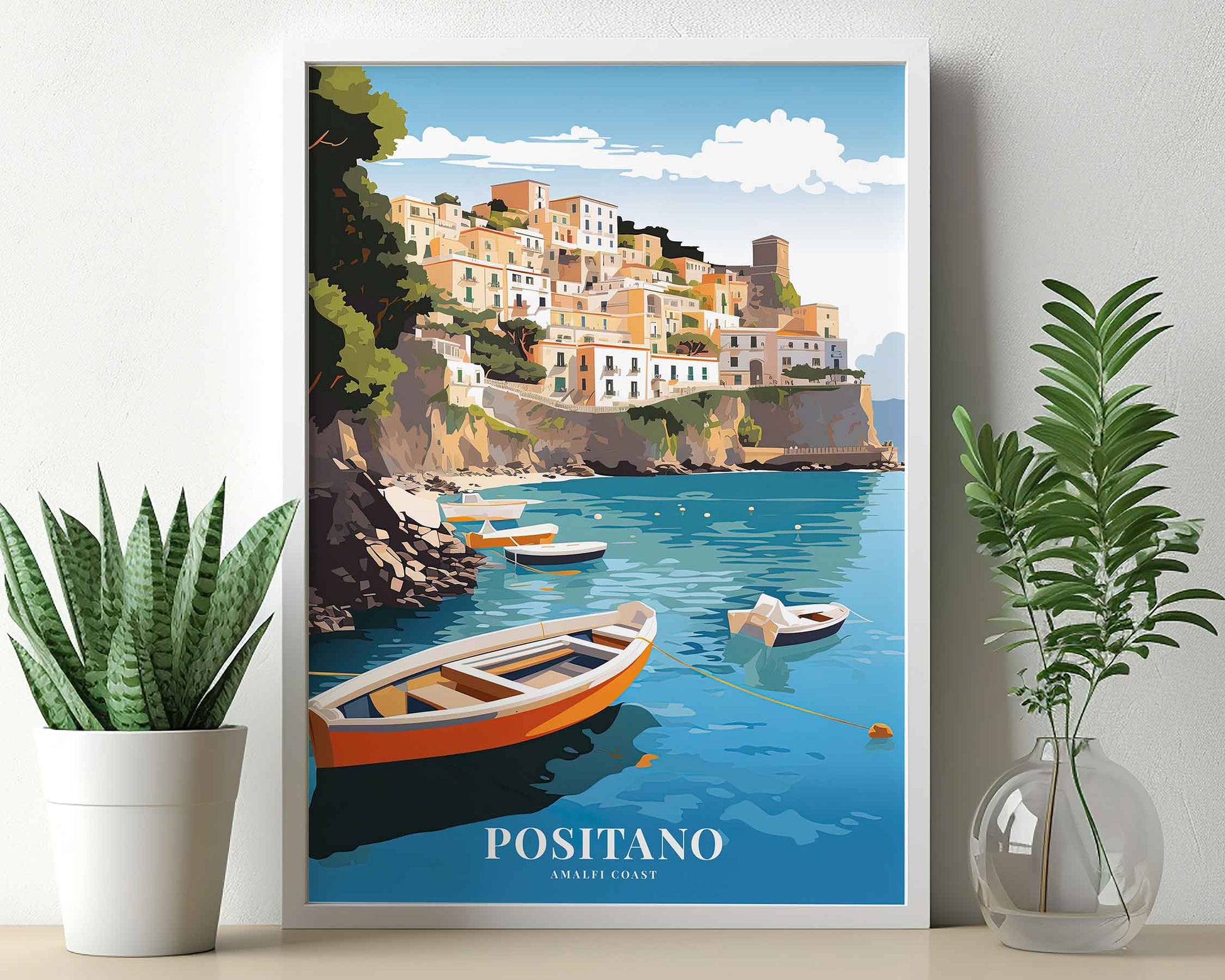 Framed Image of Positano Italy Travel Illustration Poster Prints Wall Art
